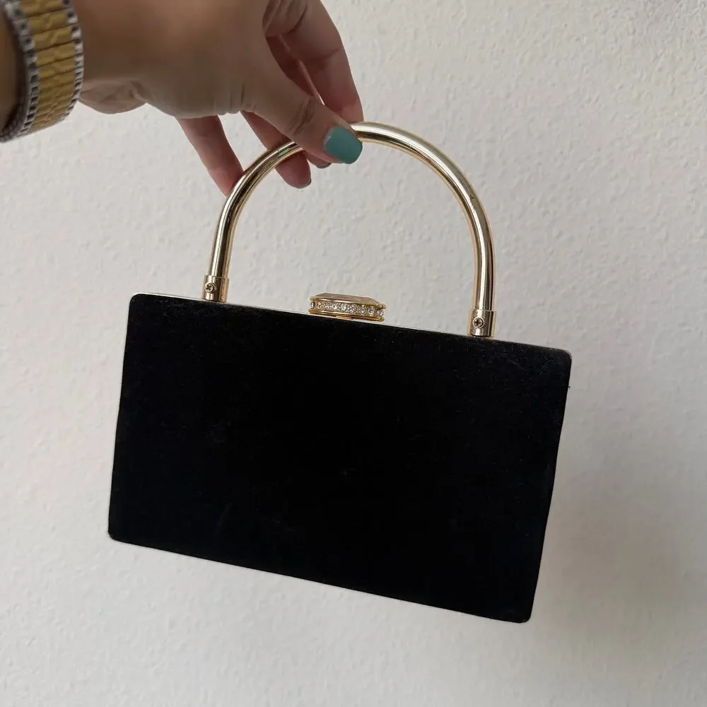 House of Harlow 1960 Black Velvet Gold Chain Box Clutch